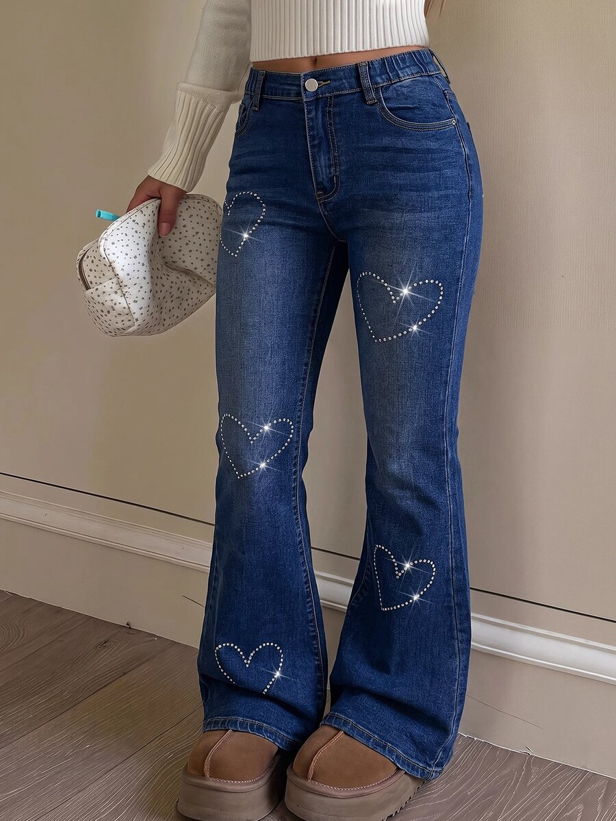 SHEIN Teen Girls Shiny Heart Rhinestone Dark Blue Denim Stretch Skinny Flare Jeans - Medium Wash - View 1