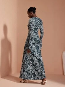 JIAN LASALA Mesh Long Ruffle Sleeve Ruched Bustier Long Dress Elegant Vacation Holiday Autumn - Green - View 2