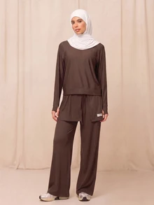 SHEIN With My Calm Dark Brown 2 In 1 Layered Muslim Sports Set, Thumbhole Long Sleeve Top With Drawstring Wide Leg Pants, Middle East Modest Yoga Fitness Outfit - Coffee Brown - View 3