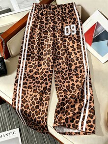 SHEIN 8-12歲女童長褲 豹紋數字直筒褲 時尚休閒四季款 - 彩色 - 查看 1