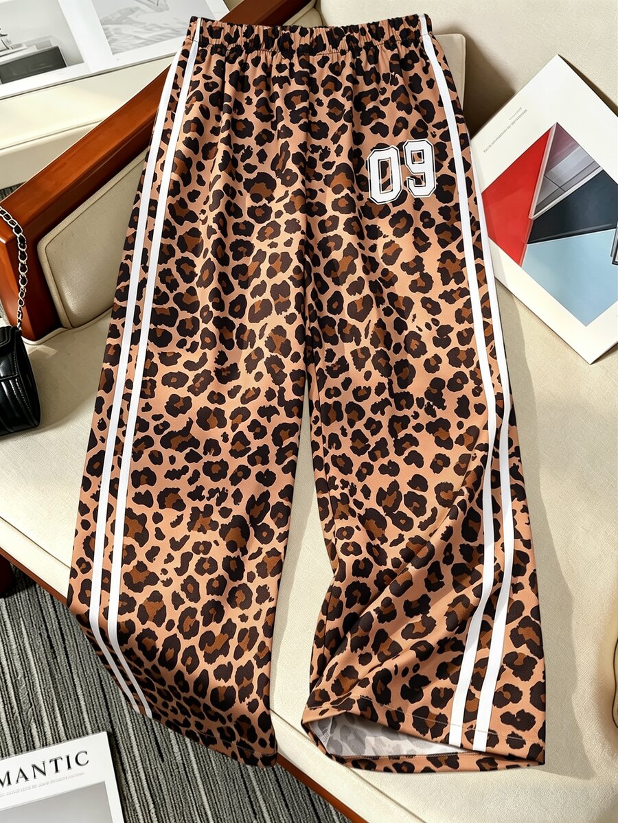 SHEIN 8-12歲女童長褲 豹紋數字直筒褲 時尚休閒四季款 - 彩色 - 查看 1