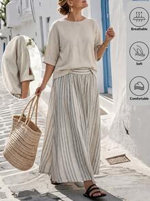 Linhara CURVE Plus Size Women Textured Top And Striped Contrast Color Maxi Skirt Set - Khaki - View 1