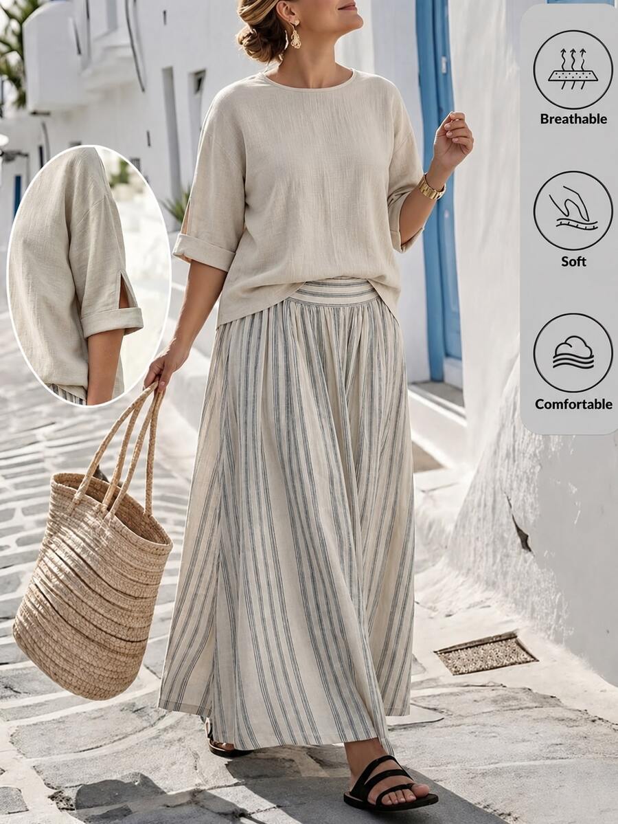 Linhara CURVE Plus Size Women Textured Top And Striped Contrast Color Maxi Skirt Set - Khaki - View 1