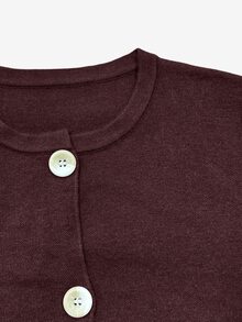 Cévolie Vintage Dark Brown Ribbed Knit Cardigan For Women, Minimalist Large Button Short Fitted Flared Sleeve Lazy Long Sleeve Sweater Jacket - Coffee Brown - View 6