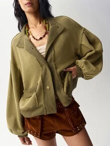 Bohemela Jaket Kasual Wanita Warna Polos Lengan Panjang Model Bahu Longgar Kancing Tunggal Potongan Reguler - Hijau - View 4