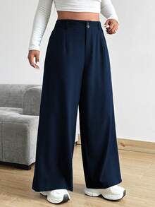 Vionelle Plus Size Loose Straight Leg Wide Leg Pants With Pockets Solid Color - Navy Blue - View 4