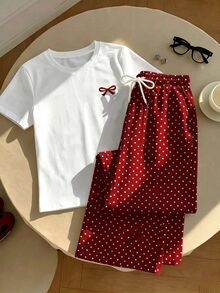 SHEIN EZwear 2件組刺繡圓領短袖上衣與條紋印花長褲，休閒風 - 紅色 - 查看 3