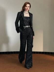 MOTF Tall WOMEN'S TALL AUTUMN/WINTER PARTY SEQUIN TWEED FLARE LEG SUIT PANTS - Black - View 3
