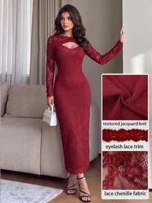 Modelyn Burgundy Hollow Lace Patchwork Slim Fit Bodycon Long Sleeve Midi Dress - Burgundy - View 2
