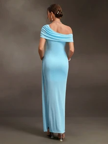 Cheriluna Maternity Maternity Solid Color One Shoulder Elegant Maternity Photography Dress - Blue - View 2