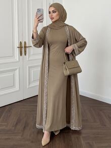 Celisse Women's 2 Pieces Set, Long Robe Cardigan & Dress Set, Elegant Daily Wear Women's 2 Pieces Set, Women's Dress Set - Khaki - View 1