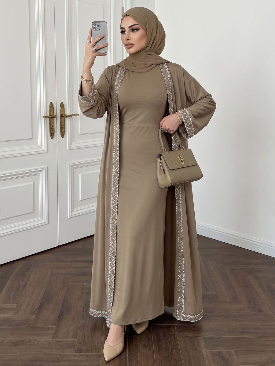 Celisse Women's 2 Pieces Set, Long Robe Cardigan & Dress Set, Elegant Daily Wear Women's 2 Pieces Set, Women's Dress Set - Khaki - View 1