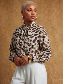 SHEIN Lunessa Women's Vintage Asymmetrical Leopard Print Bow Collar Petal Sleeve Blouse - Khaki - View 5