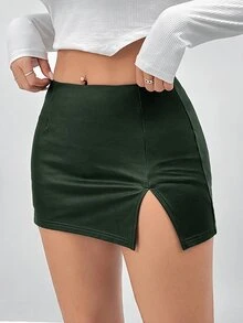 SHEIN PETITE PU高彈性皮革低腰迷你裙 - 軍綠色 - 查看 5