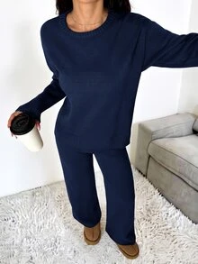 SHEIN PETITE 女款純色圓領長袖毛衣與長褲休閒常規套裝，秋冬款 - 藏蓝色 - 查看 7