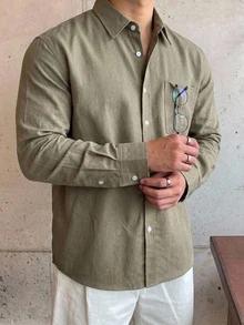 DAZY Spring/Autumn Military Green Bamboo Joint Woven Fabric Korean Style Casual Plus Size Men's Shirt - Army Green - View 4