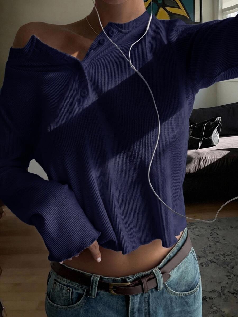 Livesso 女款白色純色寬鬆落肩休閒極簡圓領短袖T恤 秋季 - 藏蓝色 - 查看 1