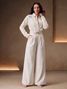 Anewsta Women's New Fashion Heavy Embroidery Luxurious Blue Blouse Jeans - White - View 4