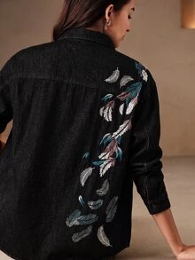 Anewsta 女款新款時尚重工刺繡奢華藍色襯衫牛仔褲 - 黑色 - 查看 1