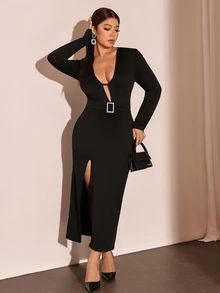 Cravure Plus Size Women's Elegant Glamorous High Slit Rhinestone Buckle Decor Long Sleeve Deep V-Neck Black Dress, Party Evening Gown - Black - View 4