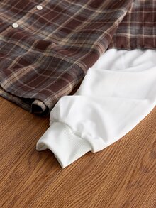 EASEVO 男士大尺碼格紋字母刺繡圖案 2 合 1 拼接休閒日常襯衫 - 彩色 - 查看 3
