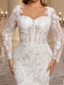 Glamrae Plus Size Sweetheart Neckline Long Sleeve Mermaid Tail Romantic Train Wedding Dress - White - View 5