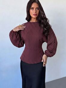 Firerie 女款新款極簡優雅浪漫休閒都市通勤時尚百搭酒紅色圓領蝙蝠袖長袖收腰繫帶襯衫 - 酒紅色 - 查看 5