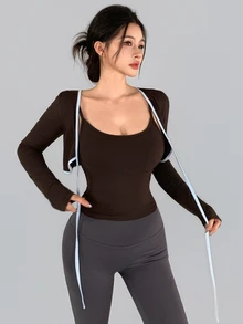 DAZY Kaos Olahraga Lengan Panjang 2 in 1 Wanita dengan Ikatan Depan, Cocok untuk Gym, Latihan, Musim Gugur, Warna Cokelat Tua, Sporty dan Sederhana. - Coklat - View 6