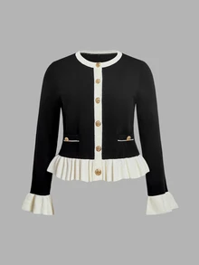 SHEIN MOD كارديجان محبوك بحافة مكشكشة بألوان متباينة، مقاس كبير، بأسلوب أنيق وراقي - أبيض وأسود - مشاهدة 1