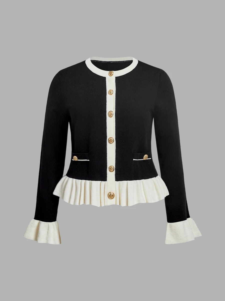 SHEIN MOD كارديجان محبوك بحافة مكشكشة بألوان متباينة، مقاس كبير، بأسلوب أنيق وراقي - أبيض وأسود - مشاهدة 1