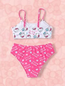 HELLO KITTY AND FRIENDS | SHEIN Setelan Baju Renang Dua Potong untuk Remaja Perempuan dengan Motif Kartun, Atasan Bikini Tali Tipis dan Bawahan Segitiga - Berwarna merah muda - View 2