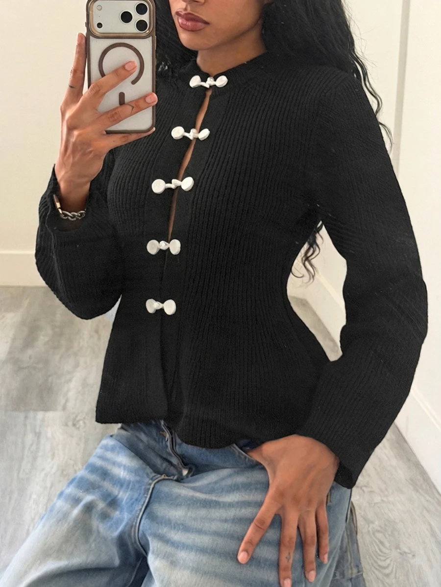 Elenzga Women's Elegant Vintage Minimalist Frog Button Long Sleeve Knit Cardigan - Black - View 1