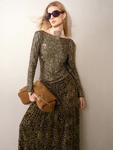 MOTF PREMIUM FASHIONABLE BOAT NECK BACKLESS SEQUIN FITTED TOP - Gold - View 1