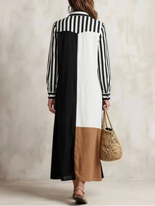 SHEIN Casual Commute Minimalist Women's Long Sleeve Striped Multicolor Dress, Autumn/Winter Style, Suitable For Office, Work And Outings - Multicolor - View 10