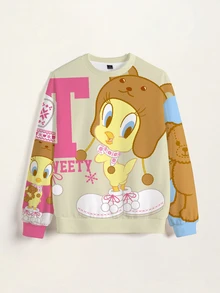 LOONEY TUNES X SHEIN TWEETY 可愛熊圖案拼色大尺碼女款圓領抓絨運動衫，秋冬款 - 白色 - 查看 3