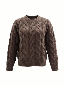 Trelyra Women's Fashion Vintage Cable Knit Long Sleeve Sweater, Preppy Style - Coffee Brown - View 3