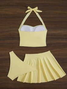 Swim Lushoire Women's Solid Color Ruched Halter Neck Two-Piece Swimsuit With Skirt And Shorts, Butter Yellow 3 Pieces Summer Vacation Beach Swimwear - Yellow - View 4