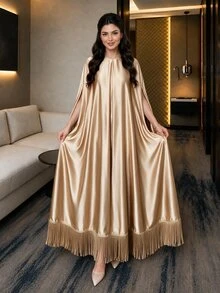 SHEIN Lady CURVE 大尺碼時尚優雅緞面洋裝，附流蘇下擺 - 卡其色 - 查看 6