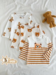 SHEIN 3件組幼兒小熊條紋印花套頭上衣，長袖圓領T恤套裝，肩部按扣設計，嬰兒秋冬套裝 3M-3T - 彩色 - 查看 1
