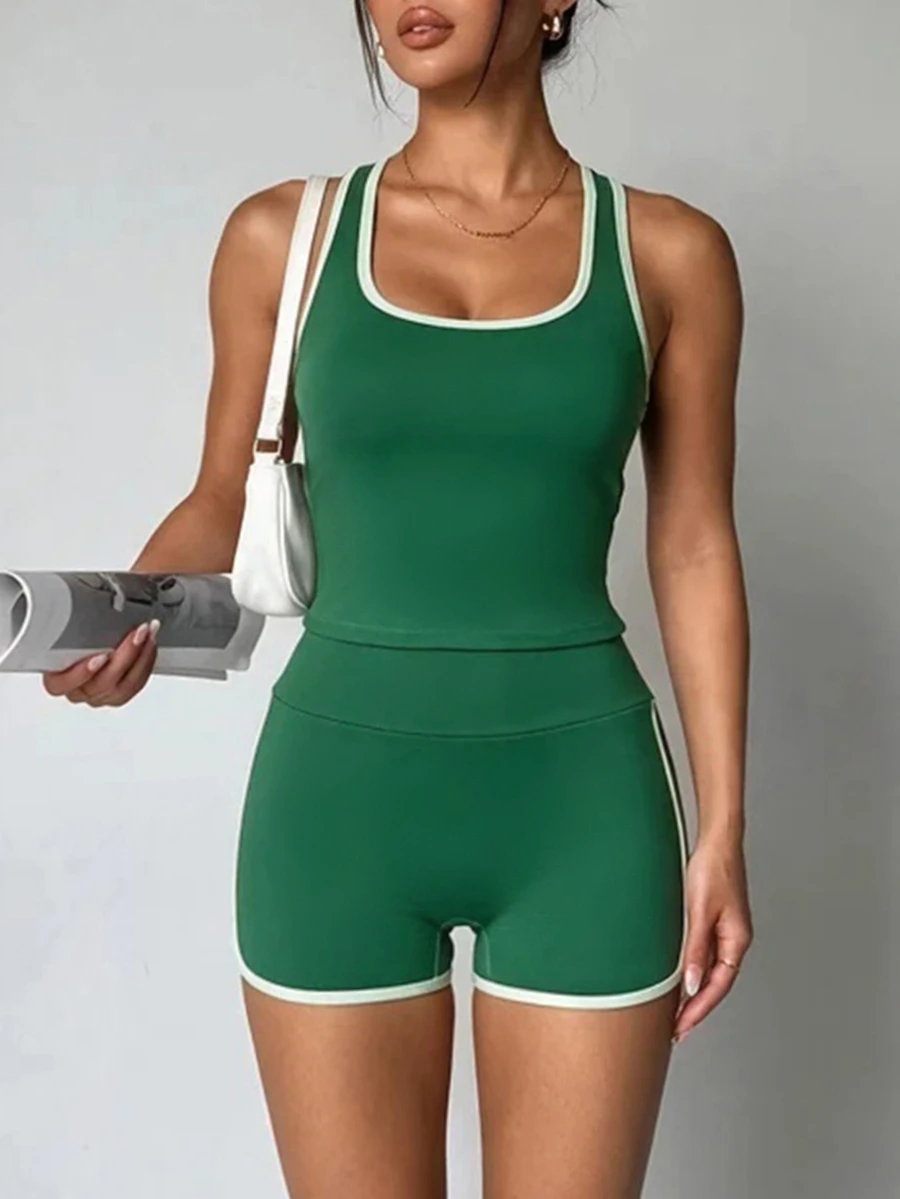 SHEIN Unity Women's Outdoor Trim Tank Top And Shorts Set - Green - View 1