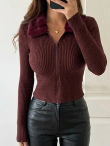 DAZY Fall/ Plush Collar Cardigan Long Sleeve Ribbed Knit Slim Fit Casual Night Out Date Night Date Commute Burgundy Streetwear Sexy Women's T-Shirt - Brown - View 5