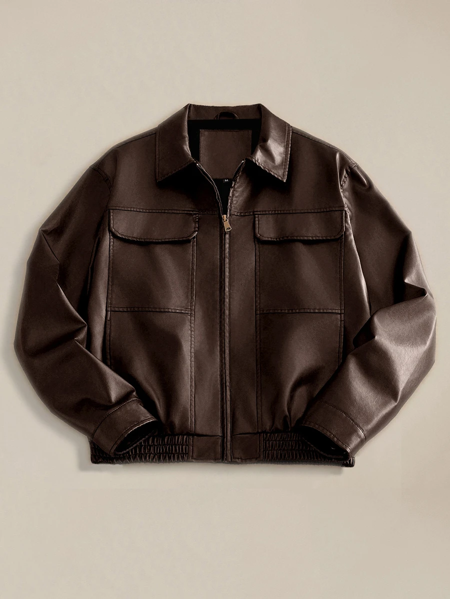 EASEVO Men's Plus Size Fashion Solid Color PU Leather Zipper Front Cargo Pocket Jacket , Beach Vacation Dark Brown Autumn Street Casual, Big And Tall Jacket - Brown - View 1