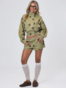 MUSERA Polka Dot Mid Rise Denim Shorts Fall Autumn Winter Coolgirl Back To School Holiday Fudge - Brown - View 1