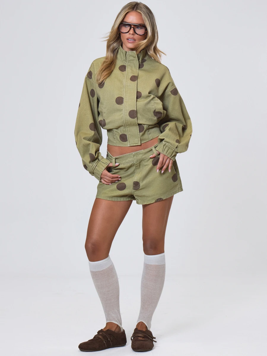 MUSERA Polka Dot Mid Rise Denim Shorts Fall Autumn Winter Coolgirl Back To School Holiday Fudge - Brown - View 1