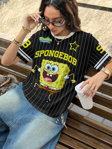 SpongeBob SquarePants | SHEIN 女款字母條紋印花圓領短袖休閒T恤 - 白色 - 查看 5