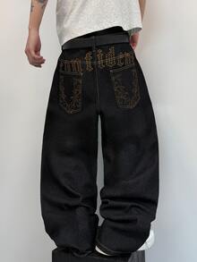STEELVANCE 男士字母印花休閒日常穿著牛仔長褲 - 黑色 - 查看 1