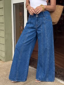 Sunnyshic Celana Jeans Wanita Model Lebar, Longgar, Kasual, dengan Kancing Depan dan Saku - Biru - View 5