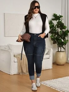 EMERY ROSE Plus Size Casual Washed Slim Fit Cargo Jeans,High-Waisted Cargo Jeans,Rolled Cuff Hem,Cropped Ankle Length,Everyday Casual,Halloween,Christmas - Blue - View 5
