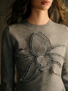 MOTF PREMIUM WOMEN'S HOLLOW EMBROIDERY FLORAL PATTERN FITTED SWEATER - Grey - View 2