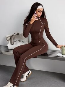 Dewbera Dewbera Women's Colorblock Trim Jacket & Flare Pants Sports Set - Brown - View 7